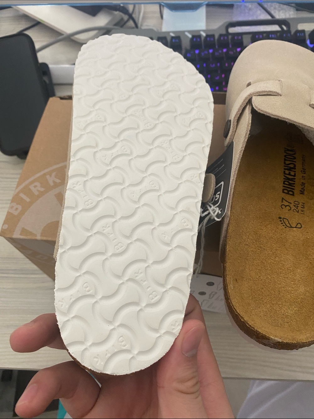 Birkenstock Beige Suede Clogs with Rose Gold Buckles - Picture 7 of 8